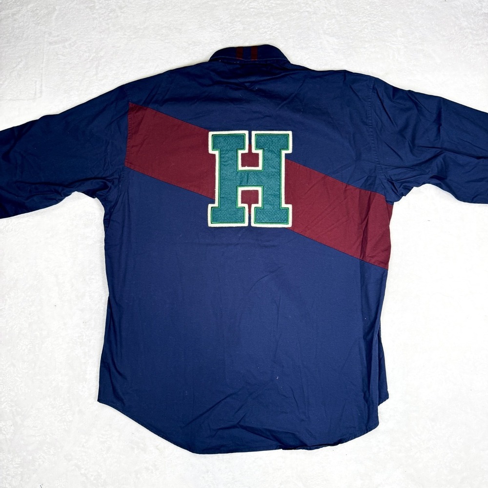 Vintage Tommy Hilfiger Shirt Mens Large Navy Embroidered Logo Cotton Button Down